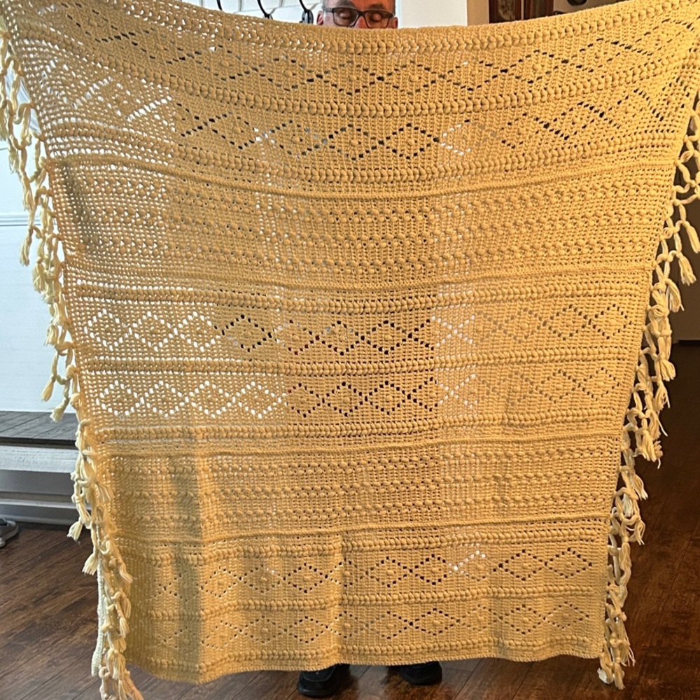 Handmade Crocheted Afghan Blanket - Cream 63 x 61 Inches - Picture 3 of 5